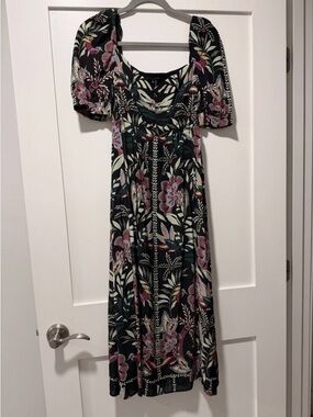 Black Floral Puff-Sleeve Midi Dress with Pink Blooms from CABALLERO